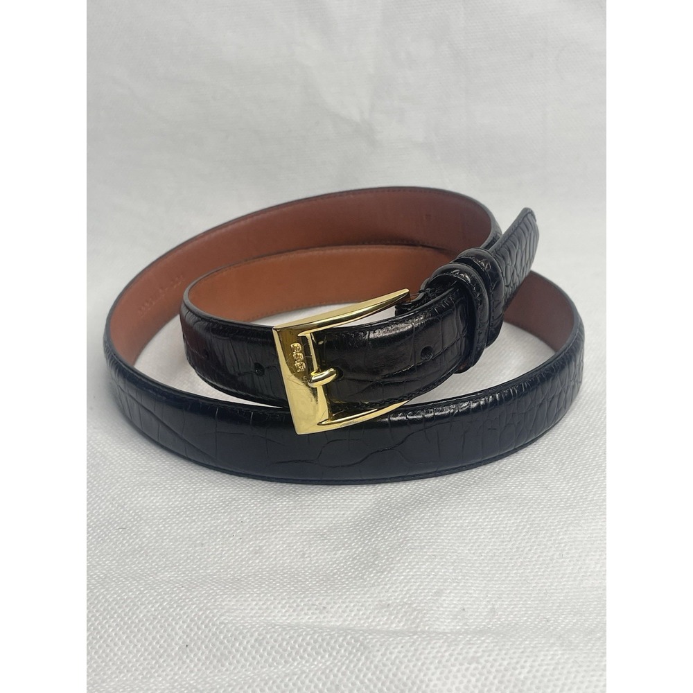 VTG Ralph Lauren Black Reptile Leather Belt Size Large 30"-32" Gold Tone Buckle